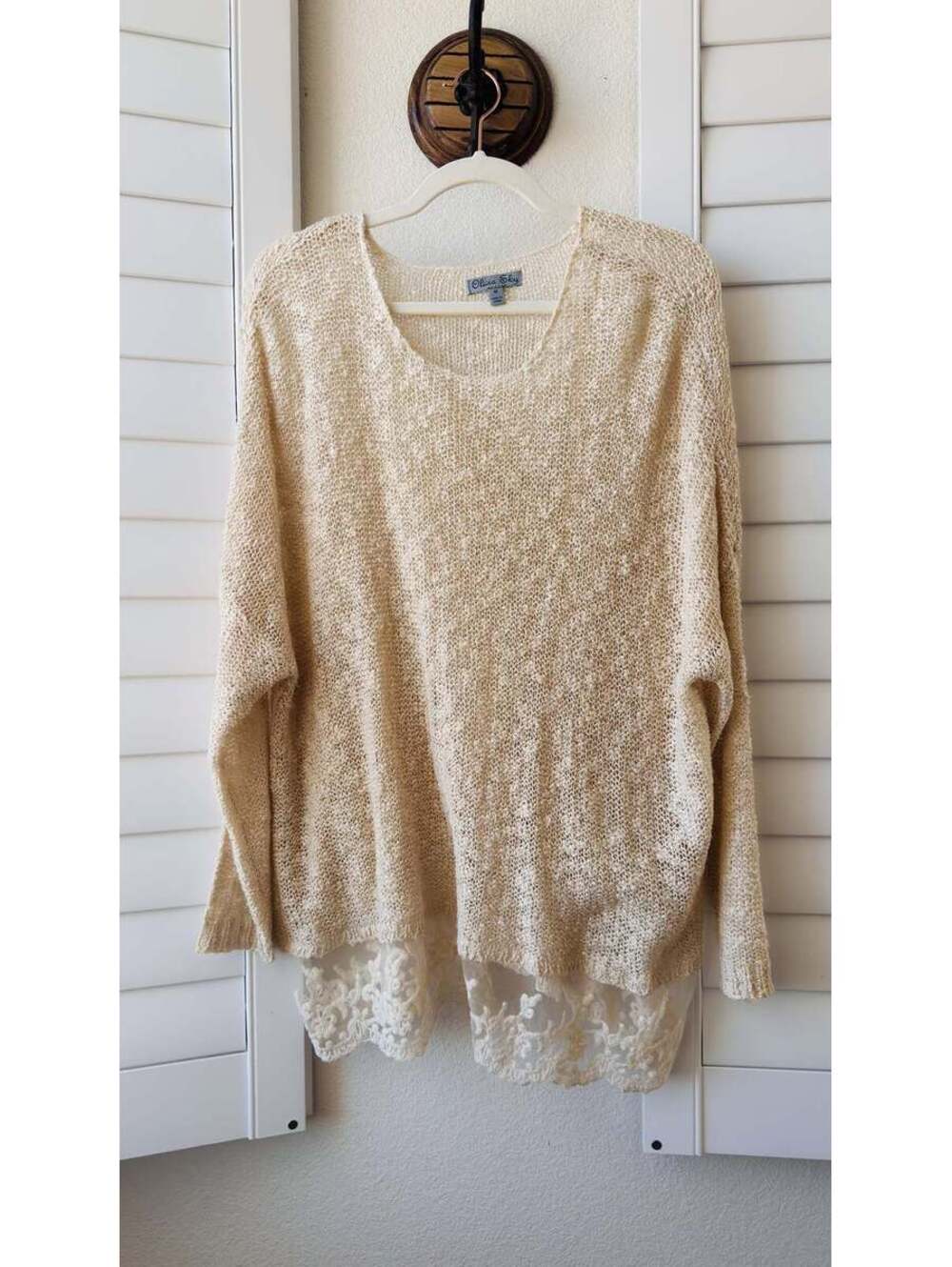 Olivia Sky Cream Textured Open Knit Lace Trim Sweater Size M